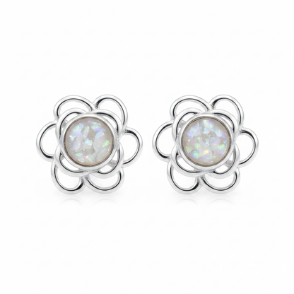 Silver 925 flower rose memorial stud earrings — white pearl opal flakes resin in 4mm centre setting