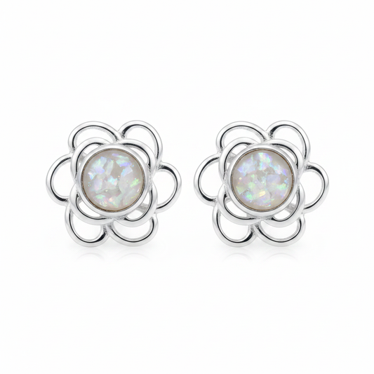 Silver 925 flower rose memorial stud earrings — white pearl opal flakes resin in 4mm centre setting