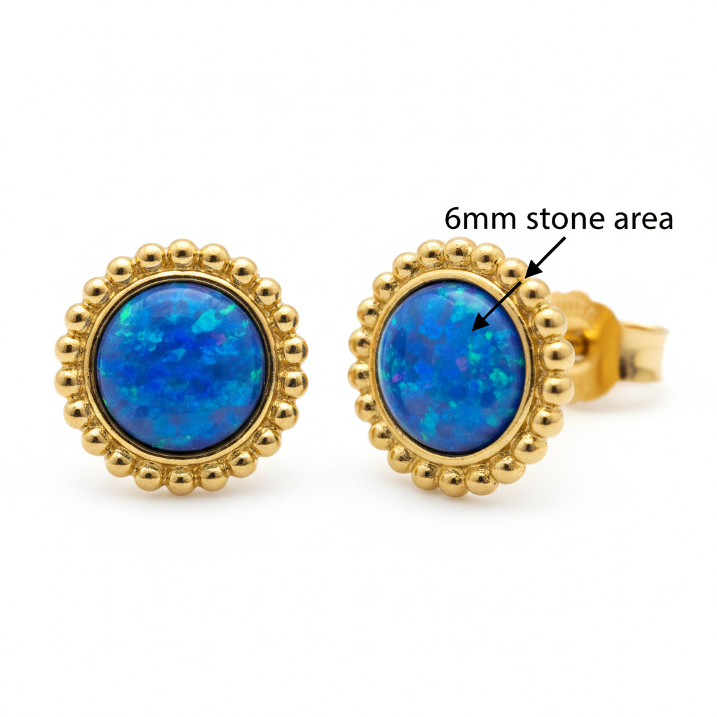 Gold bead edge round stud earrings dimensions guide — 6mm stone area