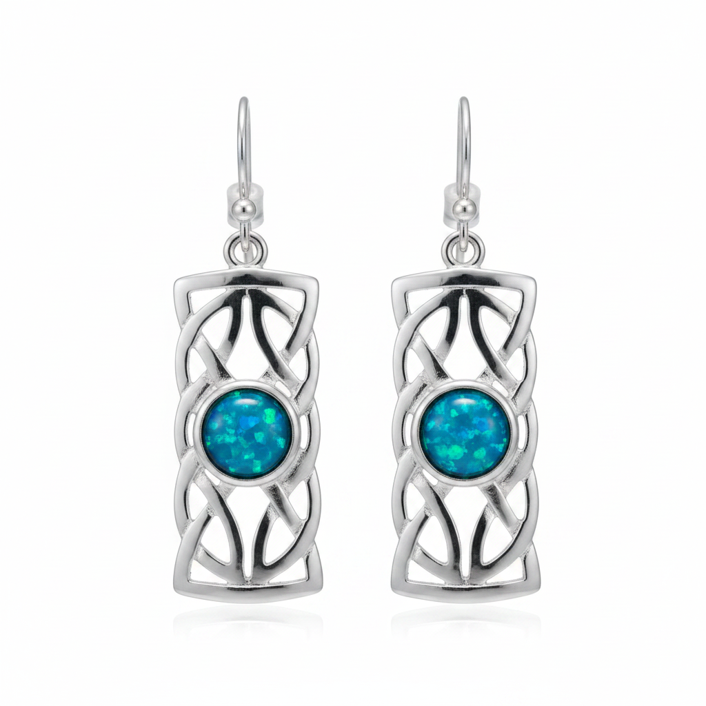 Silver 925 Celtic rectangular drop earrings - blue teal opal resin