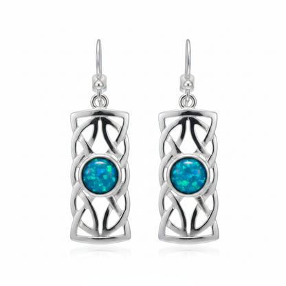 Silver 925 Celtic rectangular drop earrings - blue teal opal resin