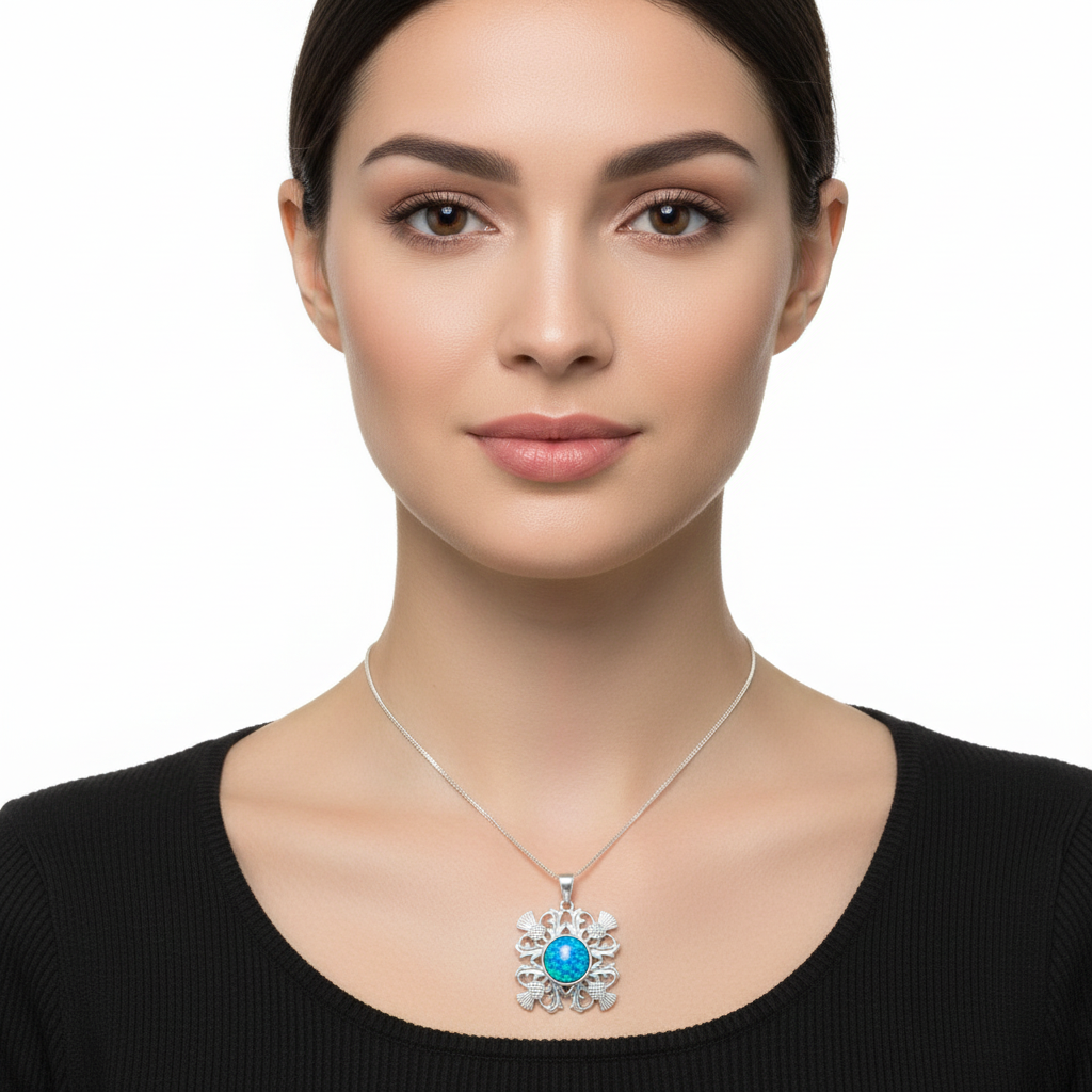 Model wearing silver 925 four-thistle filigree memorial pendant at true 30x30mm scale