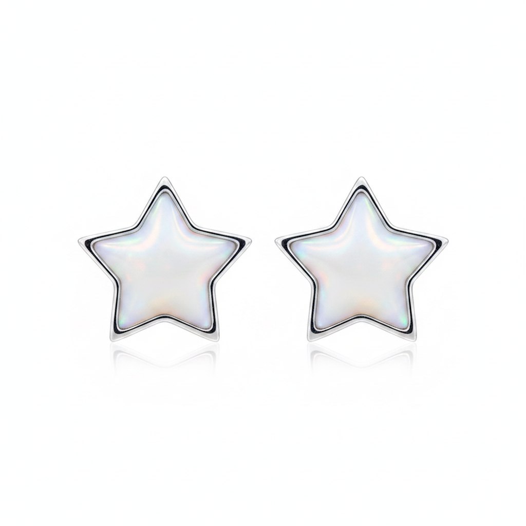 Silver 925 star stud earrings — white pearl opal resin, white background
