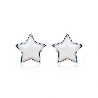 Silver 925 star stud earrings — white pearl opal resin, white background
