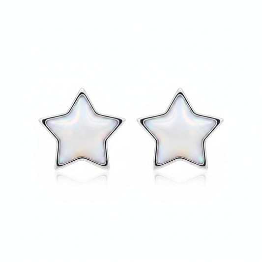 Silver 925 star stud earrings — white pearl opal resin, white background
