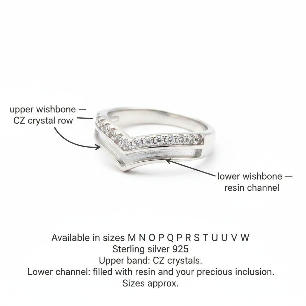 Silver 925 CZ wishbone stacker memorial ring dimensions guide — upper CZ crystal rail, lower resin channel rail, sizes M to W