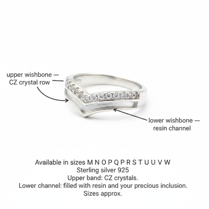 Silver 925 CZ wishbone stacker memorial ring dimensions guide — upper CZ crystal rail, lower resin channel rail, sizes M to W