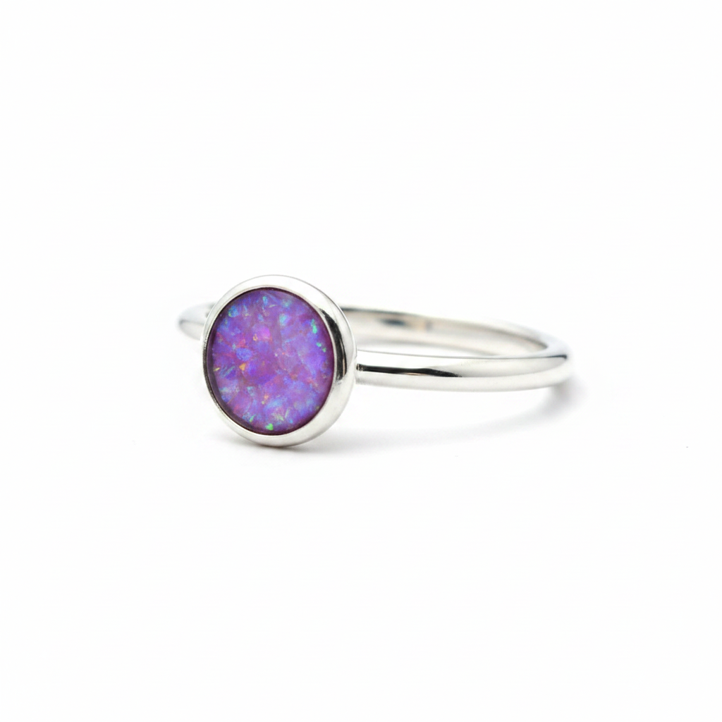 925 sterling silver 5mm round cabochon memorial ring with lavender purple opal flakes in flat round resin setting on white background