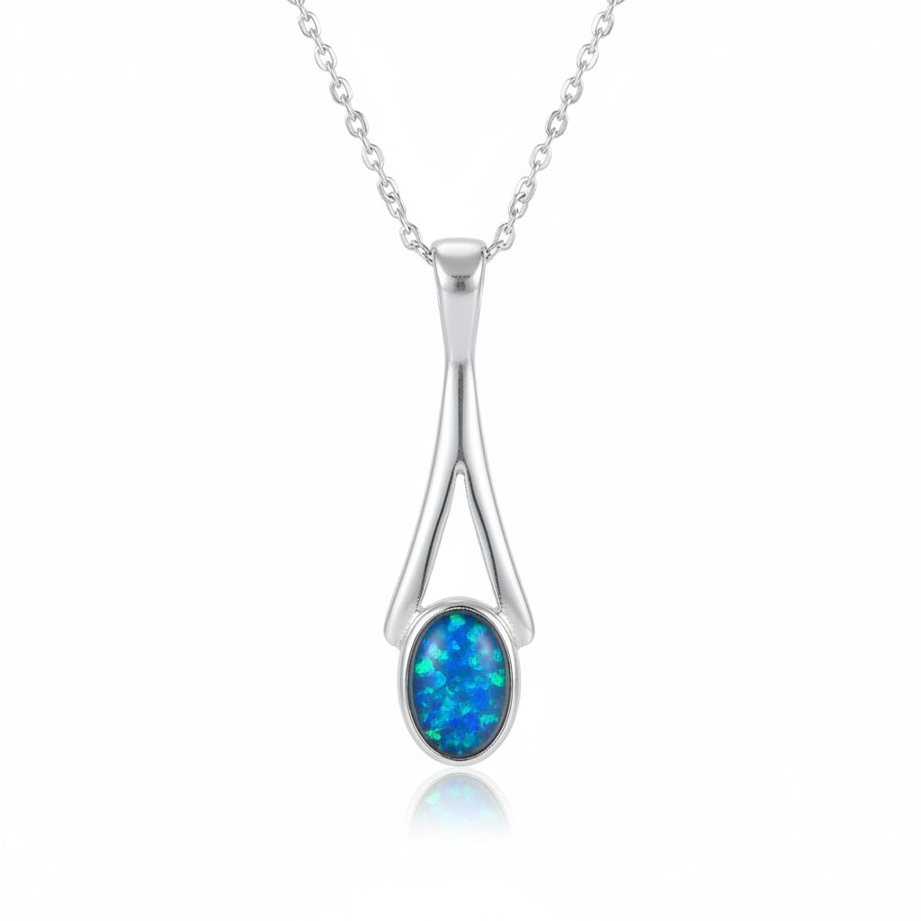 Silver 925 wishbone split teardrop memorial pendant with blue opal flakes, white background