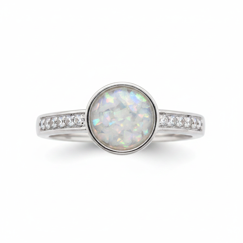 Multi gem round 6mm CZ 925 silver ring with white pearl opal resin in round centre setting on white background