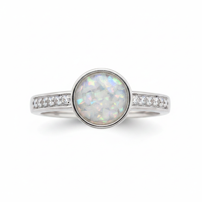 Multi gem round 6mm CZ 925 silver ring with white pearl opal resin in round centre setting on white background