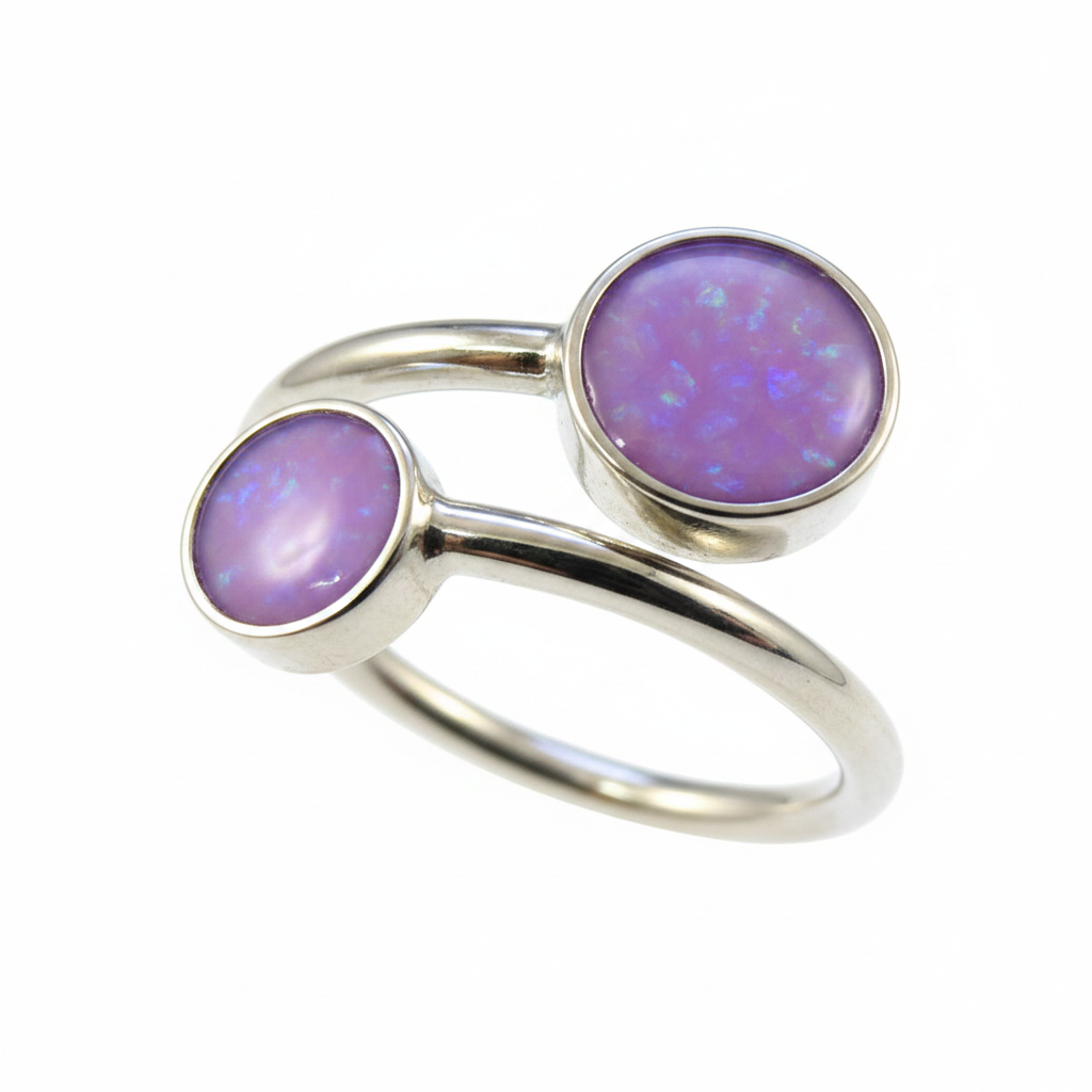 Silver 925 adjustable bypass memorial ring — lavender purple opal flakes resin in both 6mm and 8mm round settings
