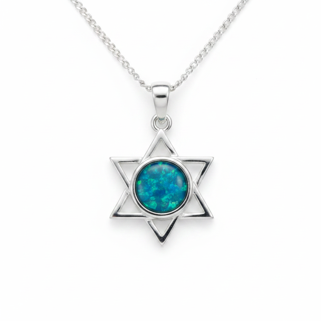 Silver 925 six-pointed star memorial pendant — blue teal opal flakes resin in 6mm round centre setting