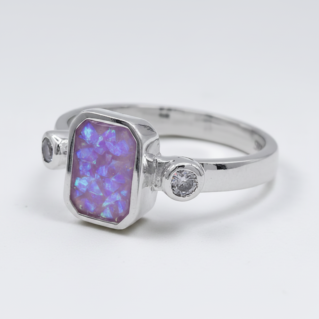Double gem emerald 925 silver ring with lavender purple opal resin in 9x7mm rectangular setting on white background