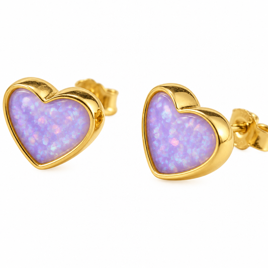 Illustrative solid gold heart memorial stud earrings with lavender opal resin inclusions