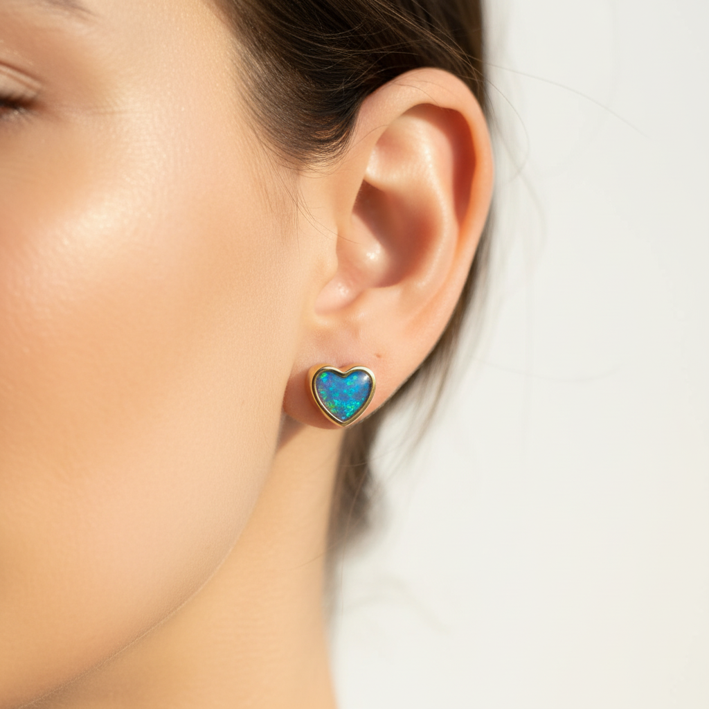 Model wearing gold heart stud earrings with blue opal memorial resin