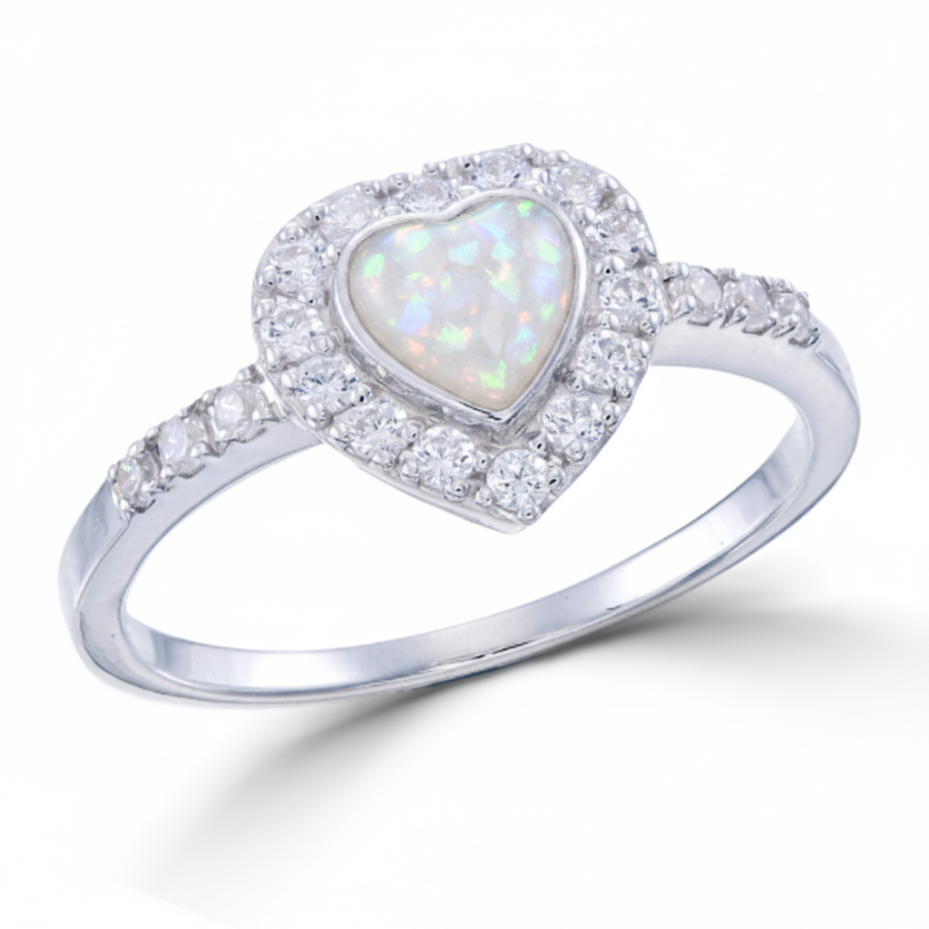 Heart CZ Halo Memorial Ring 925 Sterling Silver with white pearl opal flake inclusion