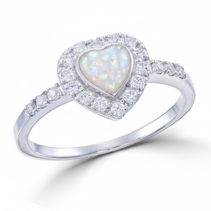 Heart CZ Halo Memorial Ring 925 Sterling Silver with white pearl opal flake inclusion