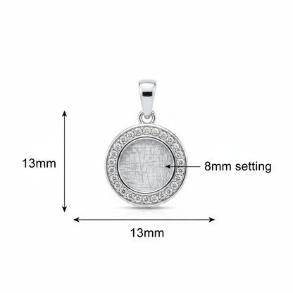 Solid silver 925 round halo CZ memorial pendant dimensions — 13mm overall, 8mm round centre