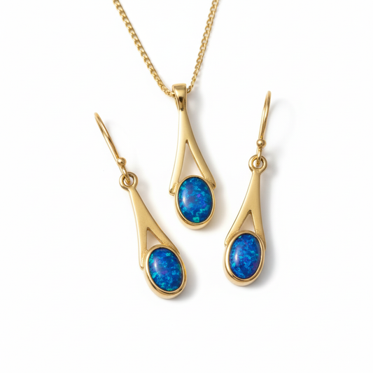 Close-up detail of matching blue opal flakes across 9ct gold dainty tapered drop pendant and earrings set
