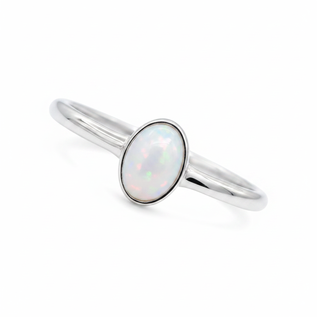 Plain Oval 925 Silver Ring with white pearl opal resin — bright polished silver, pure white background