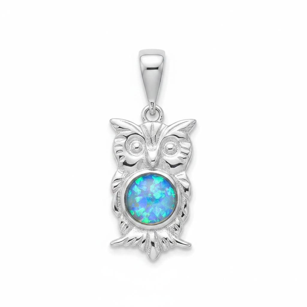 Silver 925 owl memorial pendant with blue opal flakes, white background