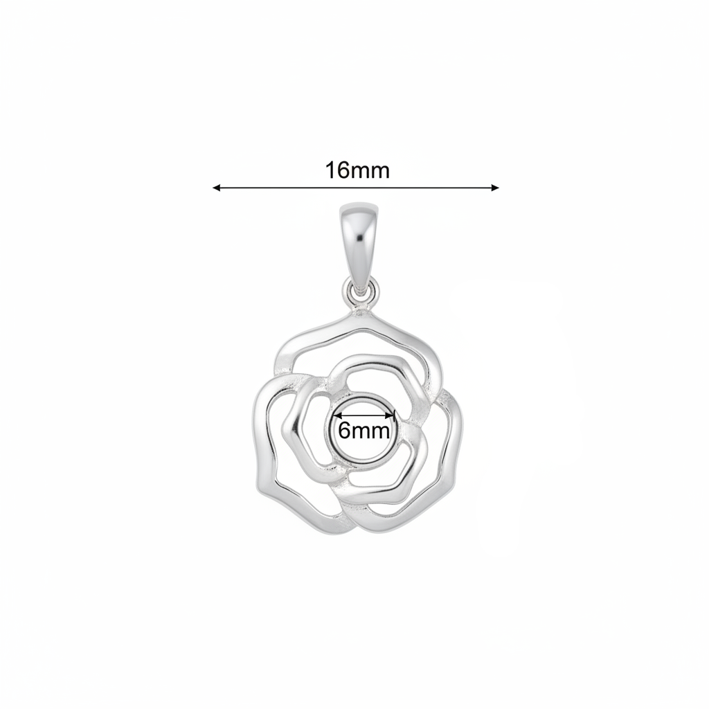 Silver 925 rose memorial pendant dimensions — 16mm overall, 6mm round centre setting
