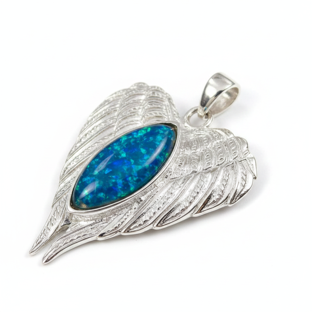 Silver 925 angel wings memorial pendant — blue teal opal flakes domed resin inclusion