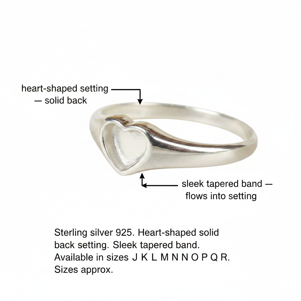 Silver 925 heart setting memorial ring dimensions guide — heart-shaped solid back setting, sleek tapered band, sizes J to R