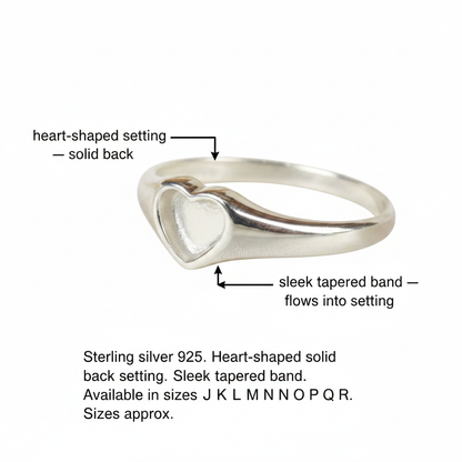 Silver 925 heart setting memorial ring dimensions guide — heart-shaped solid back setting, sleek tapered band, sizes J to R