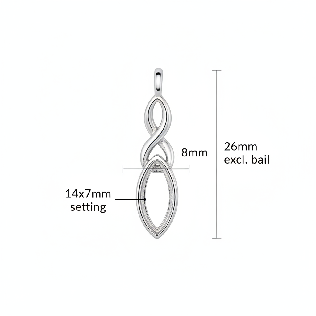 Silver 925 Celtic twist marquise memorial pendant dimensions — 26x8mm excl. bail, 14x7mm marquise setting