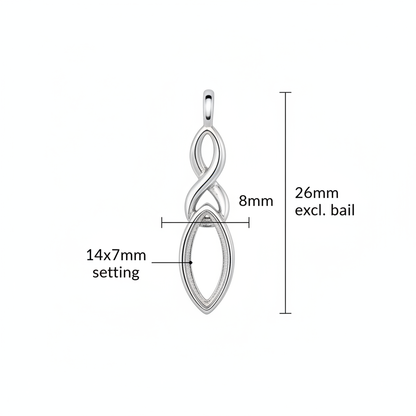Silver 925 Celtic twist marquise memorial pendant dimensions — 26x8mm excl. bail, 14x7mm marquise setting