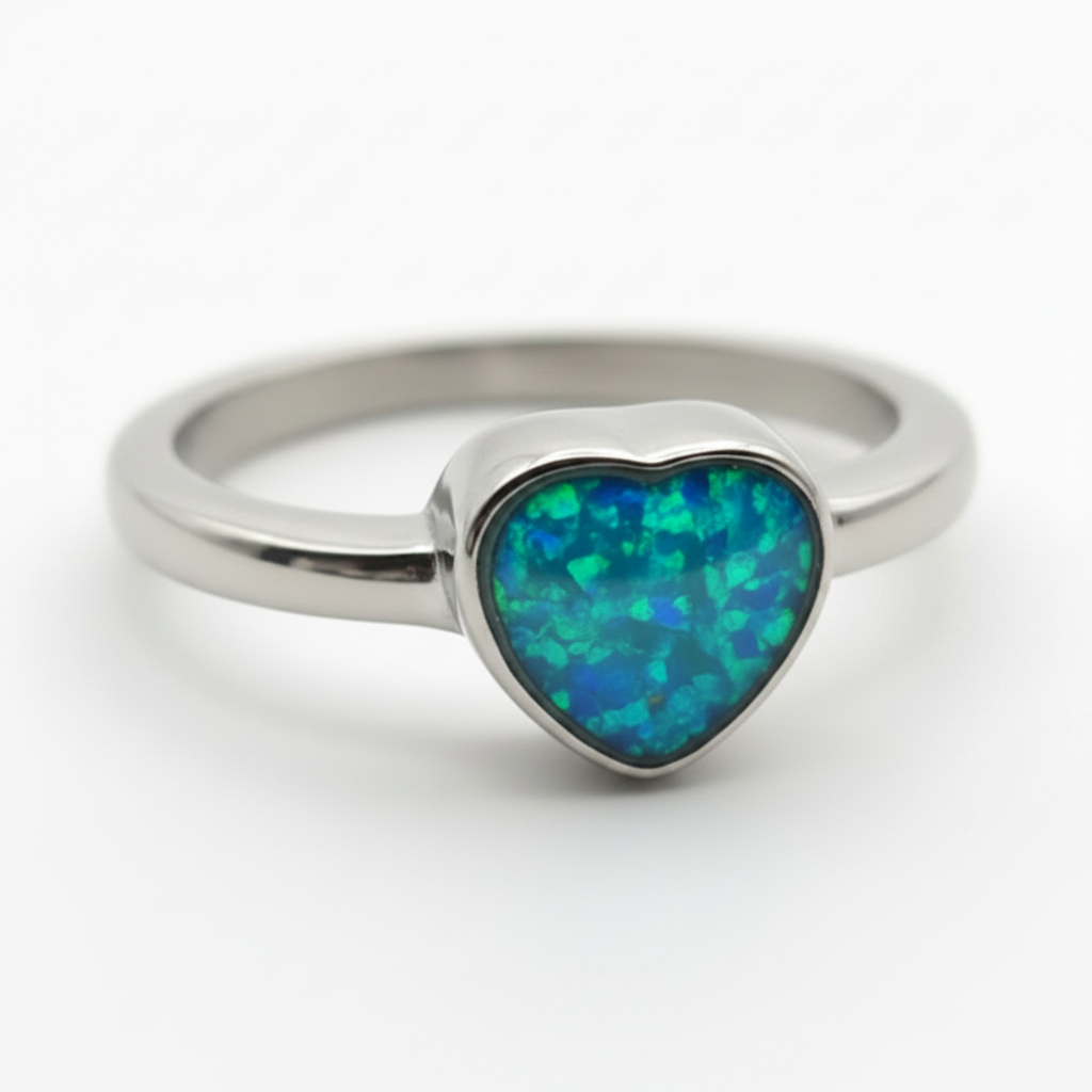 Stainless steel heart bezel memorial ring with blue teal opal flakes resin inclusion on white background