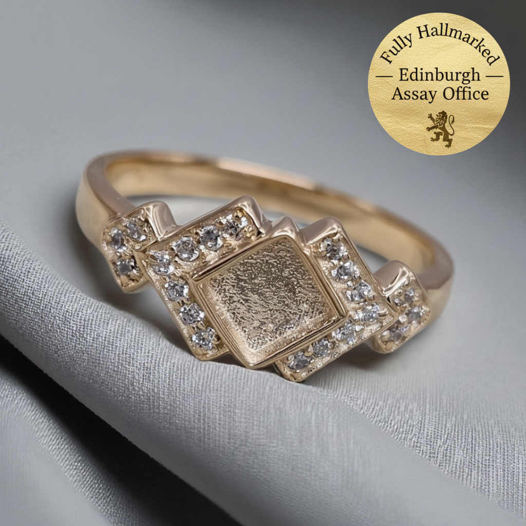 9K gold Art Deco CZ ring on silk with Edinburgh Assay Office hallmark sticker