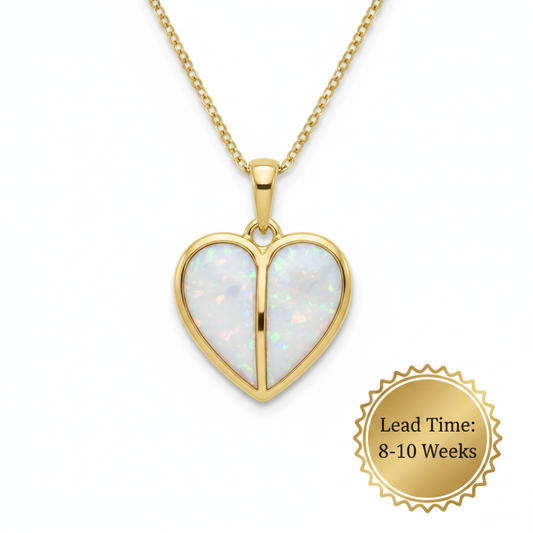 9ct gold split heart pendant with white pearl opal resin on white background, lead time 8-10 weeks sticker