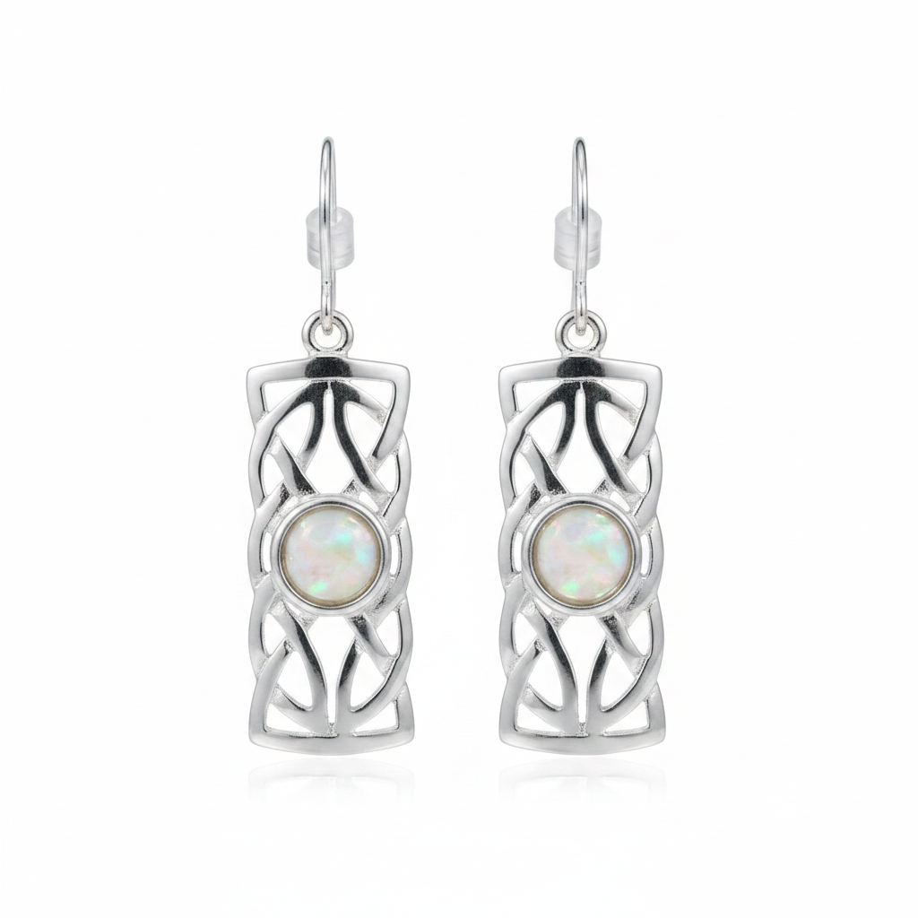 Silver 925 Celtic rectangular drop earrings - white pearl opal resin