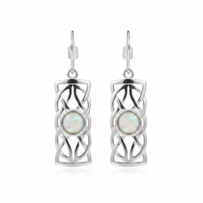 Silver 925 Celtic rectangular drop earrings - white pearl opal resin