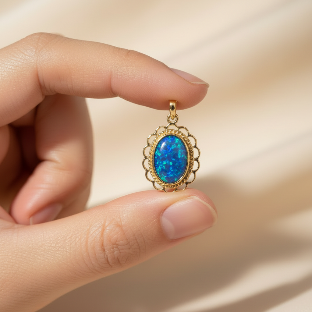Hand holding 9ct gold ornate filigree oval memorial pendant showing true scale – 21x19mm overall
