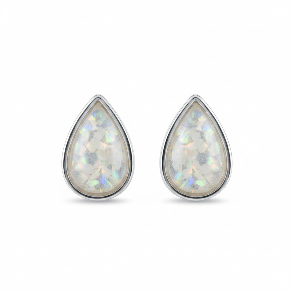 Silver 925 pear shape memorial stud earrings — white pearl opal flakes resin in 10x7mm pear setting