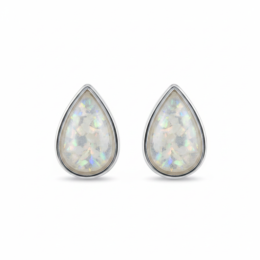 Silver 925 pear shape memorial stud earrings — white pearl opal flakes resin in 10x7mm pear setting