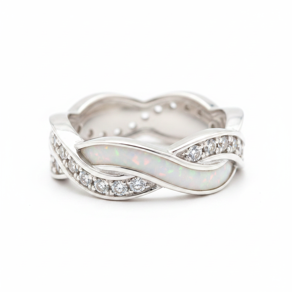 Silver 925 braided wave CZ memorial ring — white pearl opal flakes resin in 2mm centre channel, CZ stone outer rails