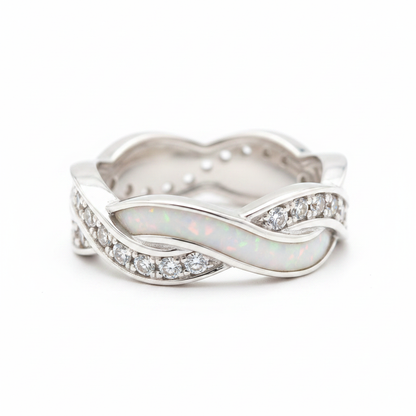 Silver 925 braided wave CZ memorial ring — white pearl opal flakes resin in 2mm centre channel, CZ stone outer rails