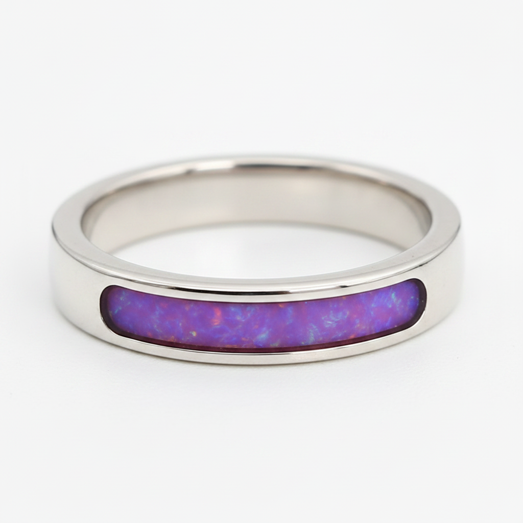 Rounded 4mm Channel Band 925 Silver Ring with lavender purple opal resin fully flush to edges — pure white background