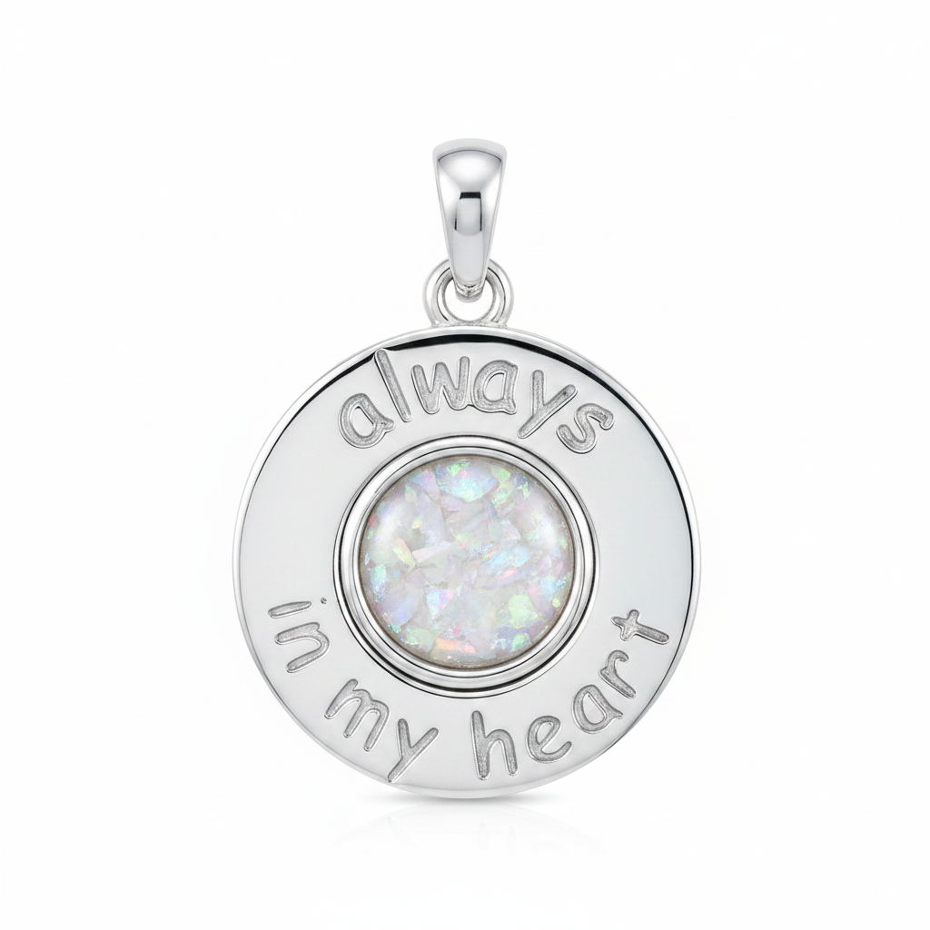 Silver 925 Always In My Heart memorial pendant with white opal and mica, white background