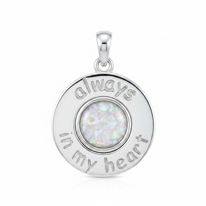 Silver 925 Always In My Heart memorial pendant with white opal and mica, white background