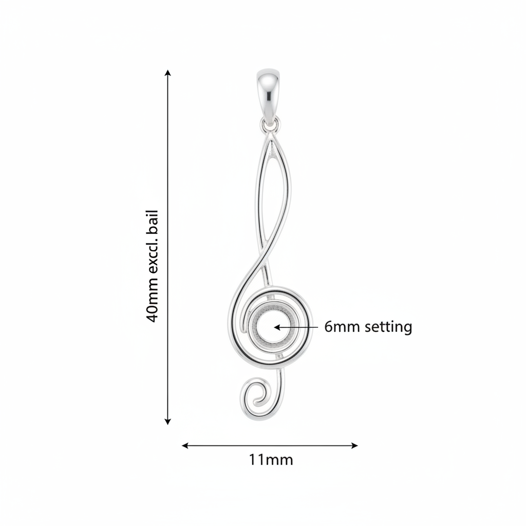 Silver 925 treble clef music note memorial pendant dimensions — 40x11mm excl. bail, 6mm round centre