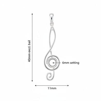 Silver 925 treble clef music note memorial pendant dimensions — 40x11mm excl. bail, 6mm round centre