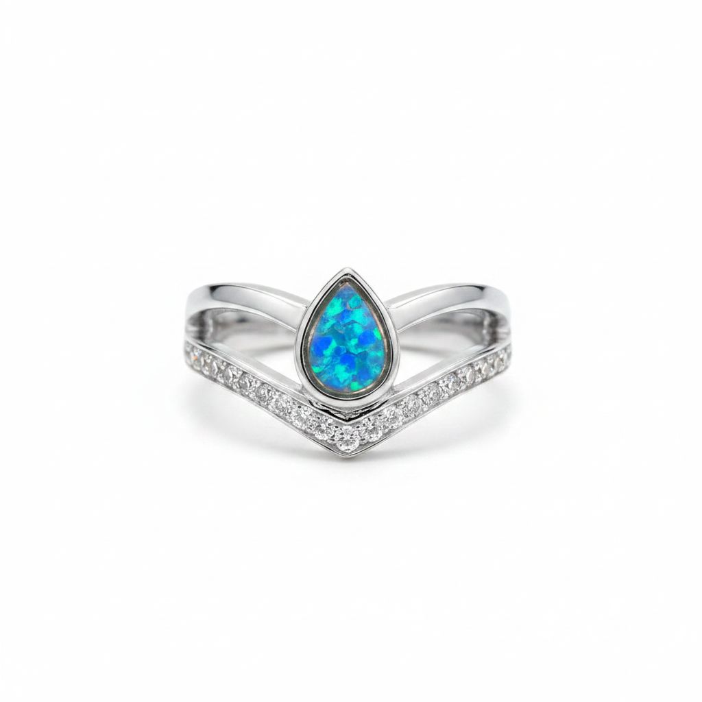 925 sterling silver pear wishbone memorial ring with blue teal opal flakes in pear bezel on white background