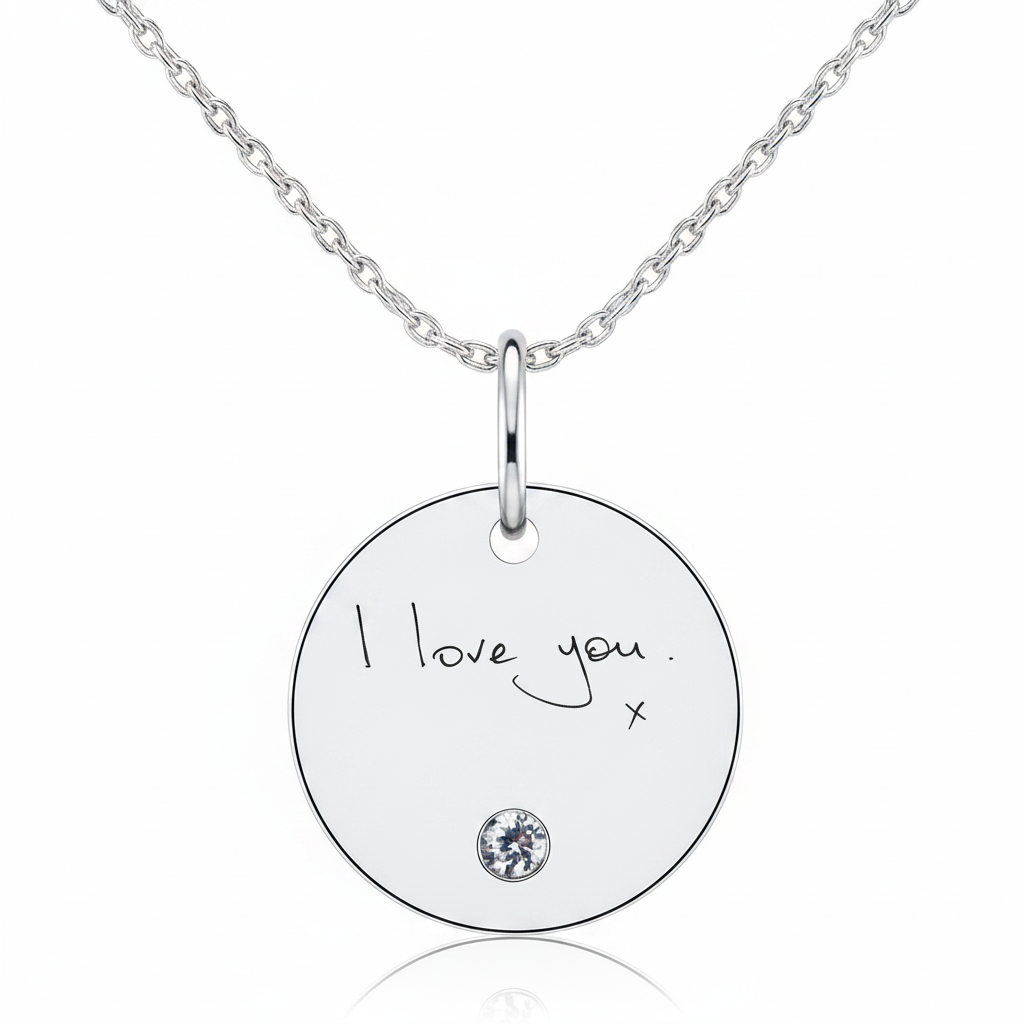 925 sterling silver round disc pendant with cubic zirconia and laser engraved handwriting on silver chain — Lovely Oxford