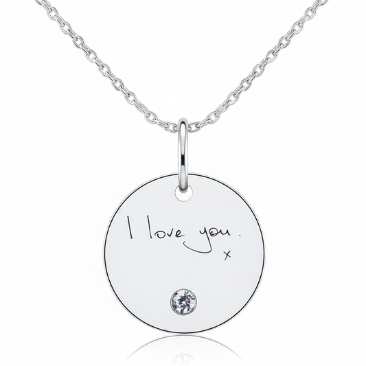 925 sterling silver round disc pendant with cubic zirconia and laser engraved handwriting on silver chain — Lovely Oxford